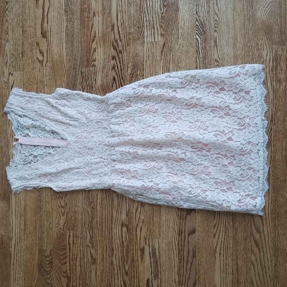 (4) Aritzia Babaton Dainty Lace Overlay Dress Pockets Raw Edges Neutral Midi